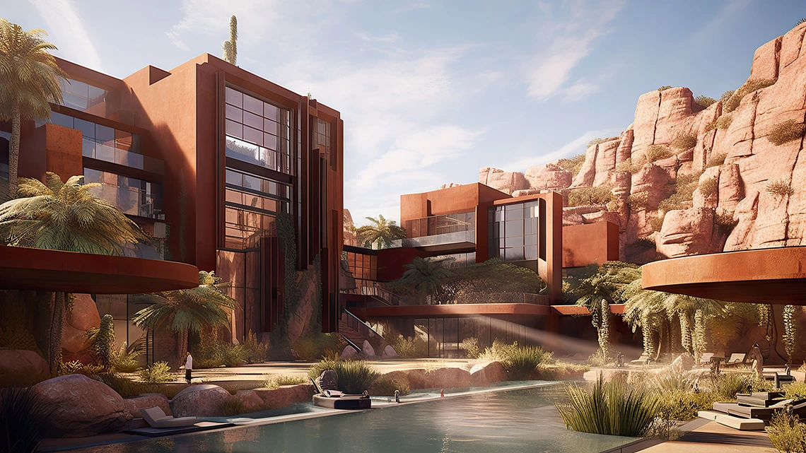 AI-generated architectural rendering by Damon Leverett.