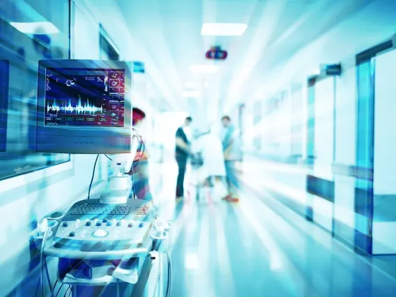 Hospital hallway with health monitoring machine