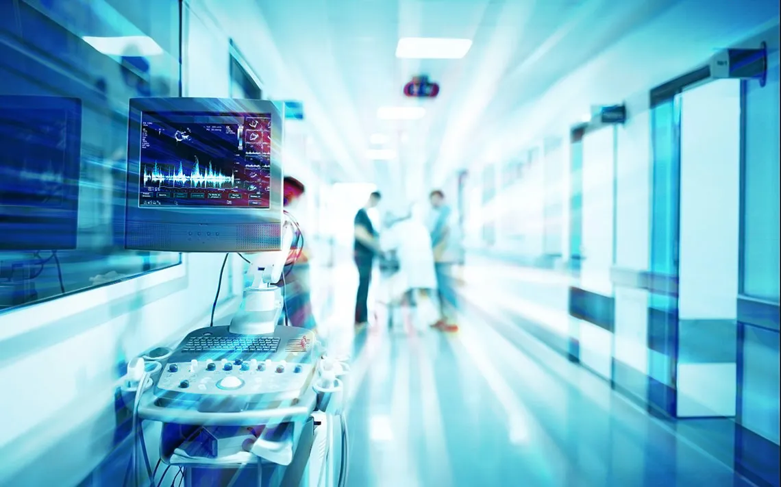 Hospital hallway with health monitoring machine