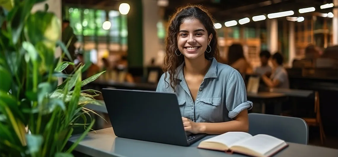 Student with laptop and book in coffee shop