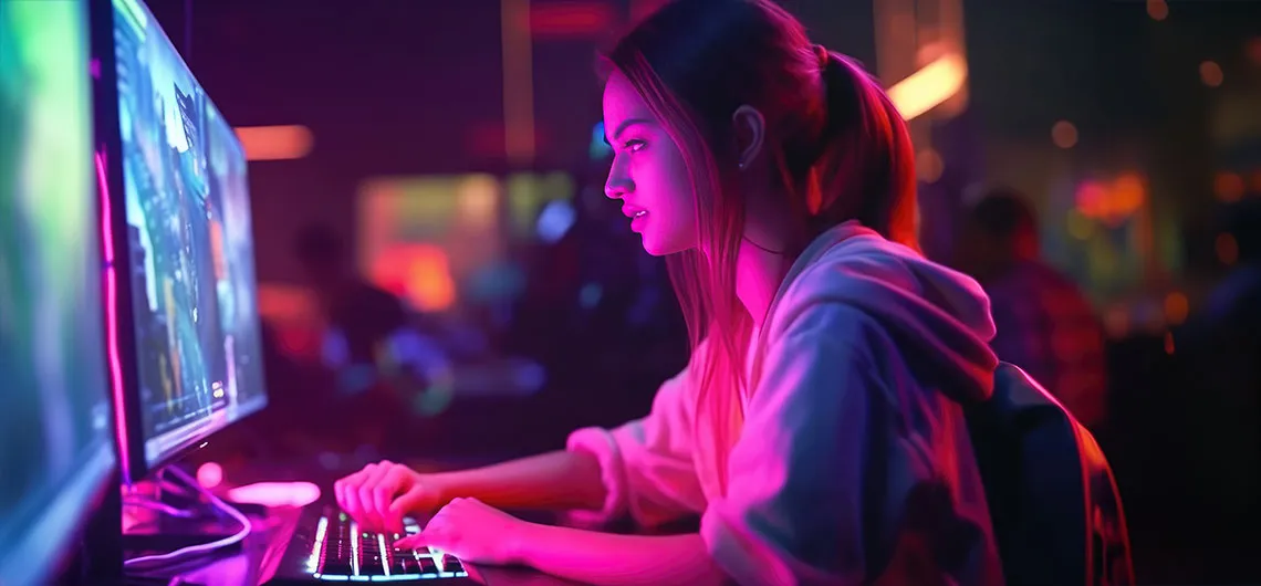 Female student playing video game