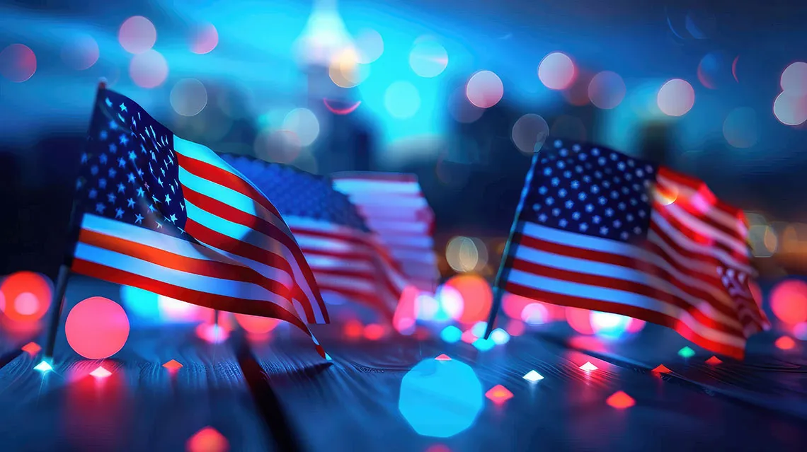 Abstract image of U.S. flags and stage lighting