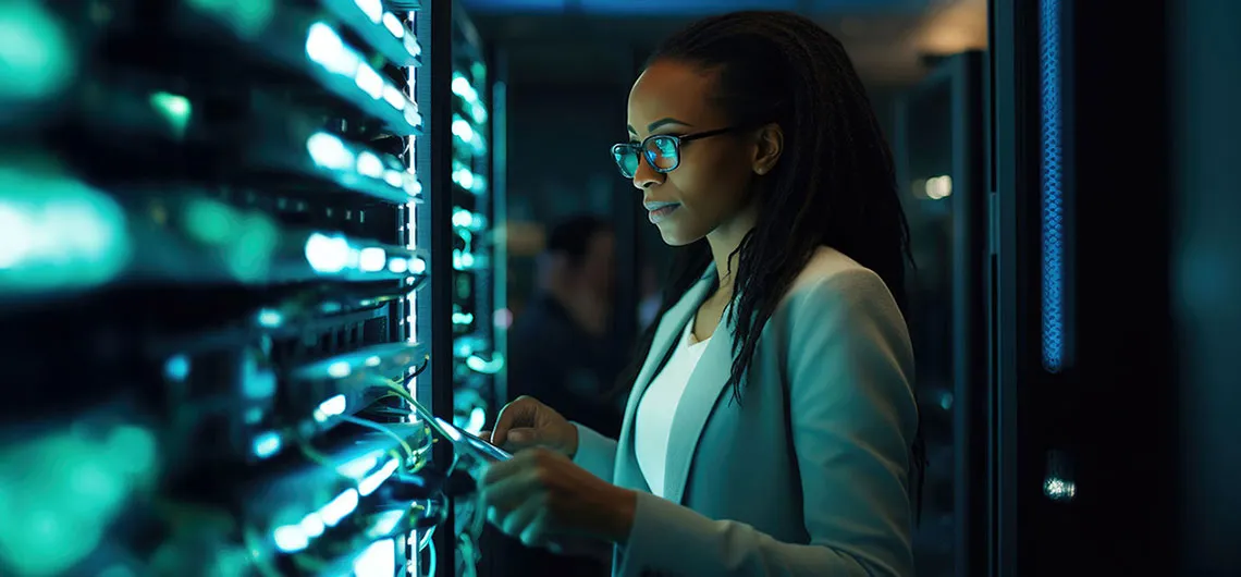 Professional woman working in data center