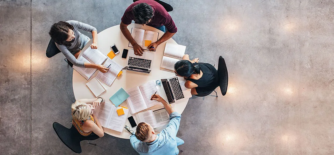 Aerial view of students at table