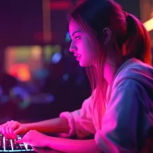 Female student playing video game